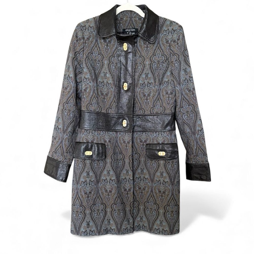 Vintage Etcetera Paisley Coat Leather Accents Size 8 green blue
